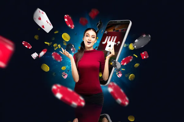 A young woman relaxing with her phone while dynamic casino elements float around her, illustrating the smooth mobile experience offered by the JILI7979 app.