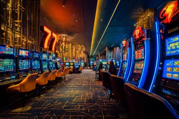 A stylish woman beside vibrant slot machines displaying glowing sevens, showcasing the variety of top slots at JILI7979.